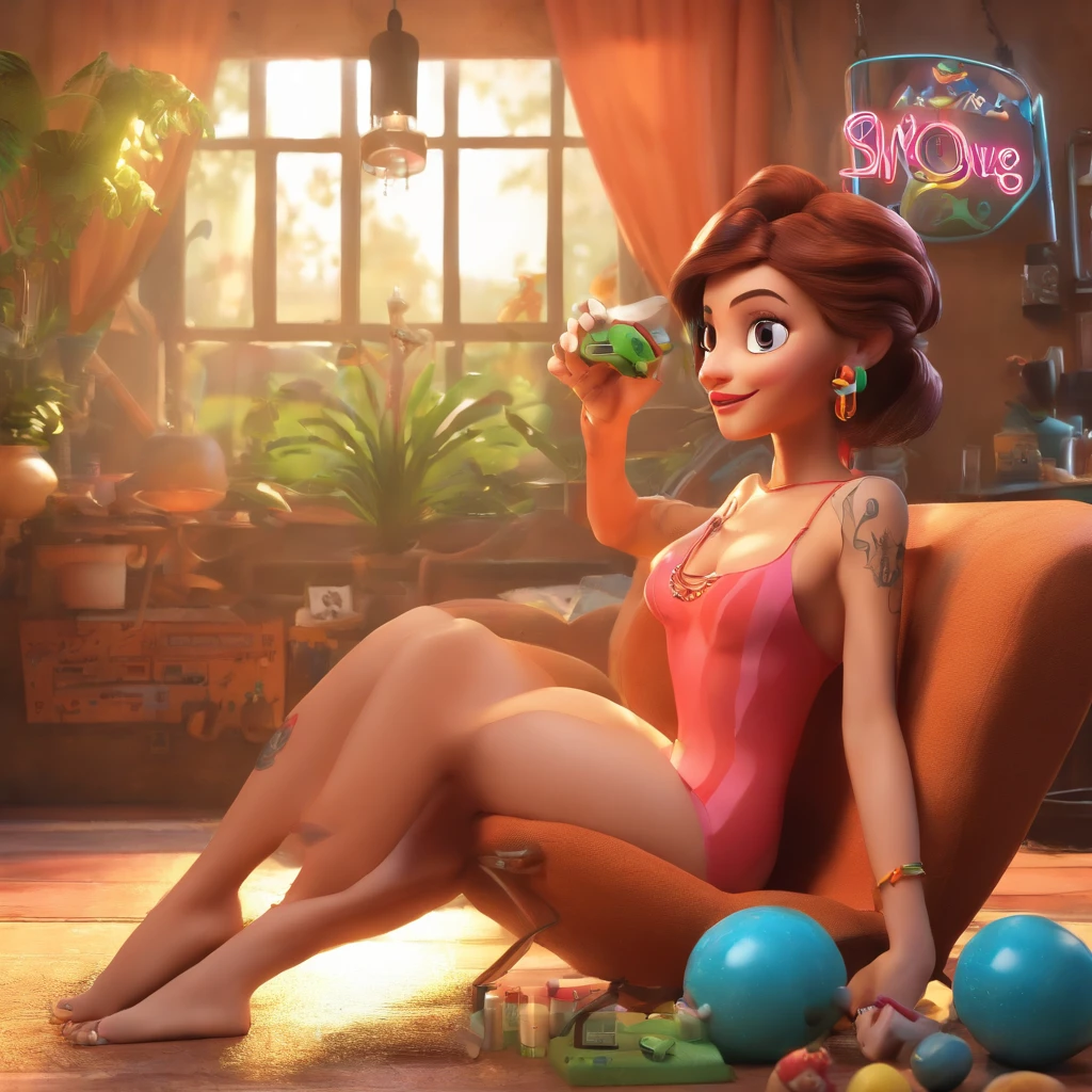 create a 3D movie poster inspired by Disney Pixar, The scene should be in Pixar's signature digital art style, com uma imagem caricatural que lembra a cantora brasileira "Anita" in the prone position, Wearing a bikini while a tattoo artist is sitting tattooing with a giant ring on one hand, inside a tattoo parlor.