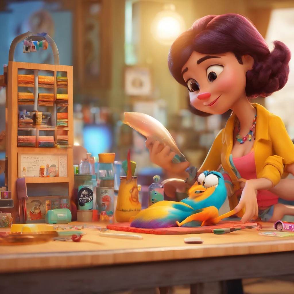 A chubby Brazilian seamstress in the studio, brown, curly black hair tied up, with an apron with the name Lucinha, with two cats, animal