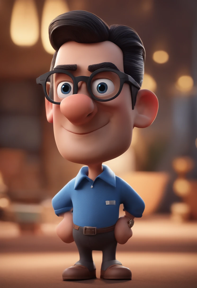 Cartoon character of a man with black glasses and a blue shirt, animation character, Caractere estilizado, animation style rendering, 3D estilizado, Arnold Maya render, 3 d render stylized, toon render keyshot, Personagem 3D, Personagem 3D, 3d rendering stylized, 3 d character render, personagem de desenho animado, Personagem de close up, Pose de personagem, (Estilo Pixar) (master part:1.2) (Bokeh) (best quality) (pele detalhada) (textura detalhada) (8k) (argila) (Cinematic lighting) (foco nítido