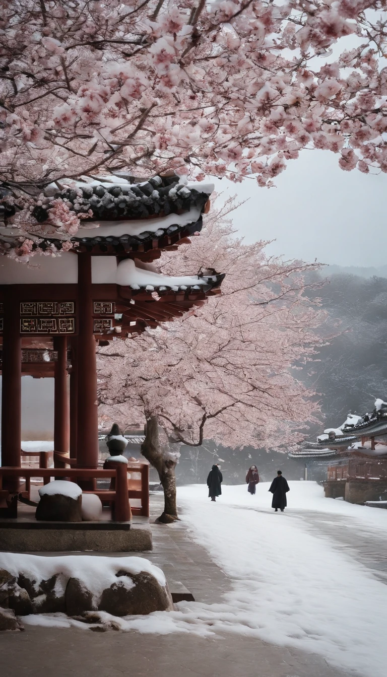 （blurred foreground：heavy snowy：2.0，），（Plum petals fall：1.6），（Snow scenery，Joseon Dynasty Beauty Dance），（realisticlying，Anatomical accuracy，Asian Star Faces，ssmile，The hands and face are very delicate and clear），（Stand in the middle of an old-fashioned courtyard，Plum tree，Korean (Beautiful hanbok），（bellows：1.5），（Wide Angle，Ultra HD detail，Masterpiece, Hyper HD, super detaill, high detailed, Best Quality, high resolucion;, Award-Standing, 8K），（Korea Premium Color Scheme，cinematic lightings）