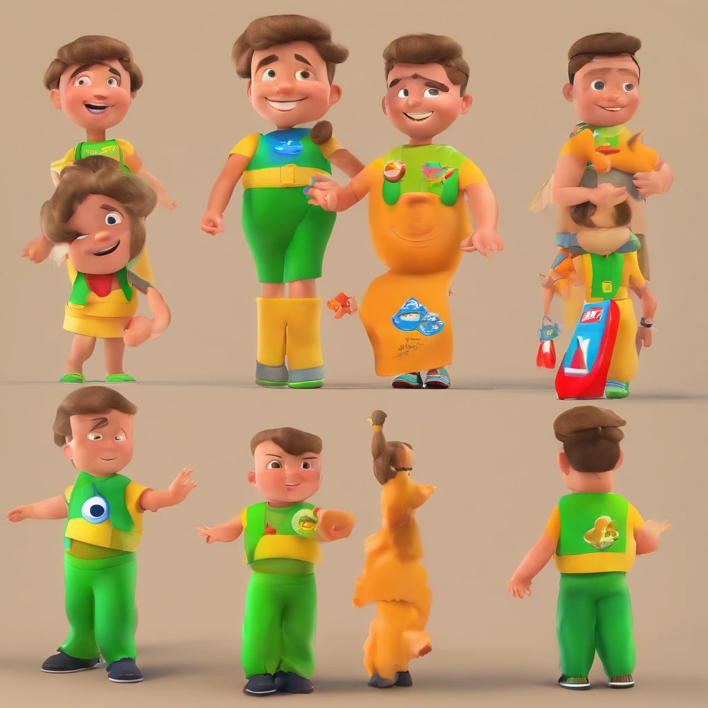 Create a Disney Pixar-inspired poster with the character being a and 6 yearsra, cabelo liso estilo surfista, olhos verdes, Skinny man playing ball on the beach with his 1 1/2 year old brothno, cabelos escuros com franja, olhos castanhos e gordinho.