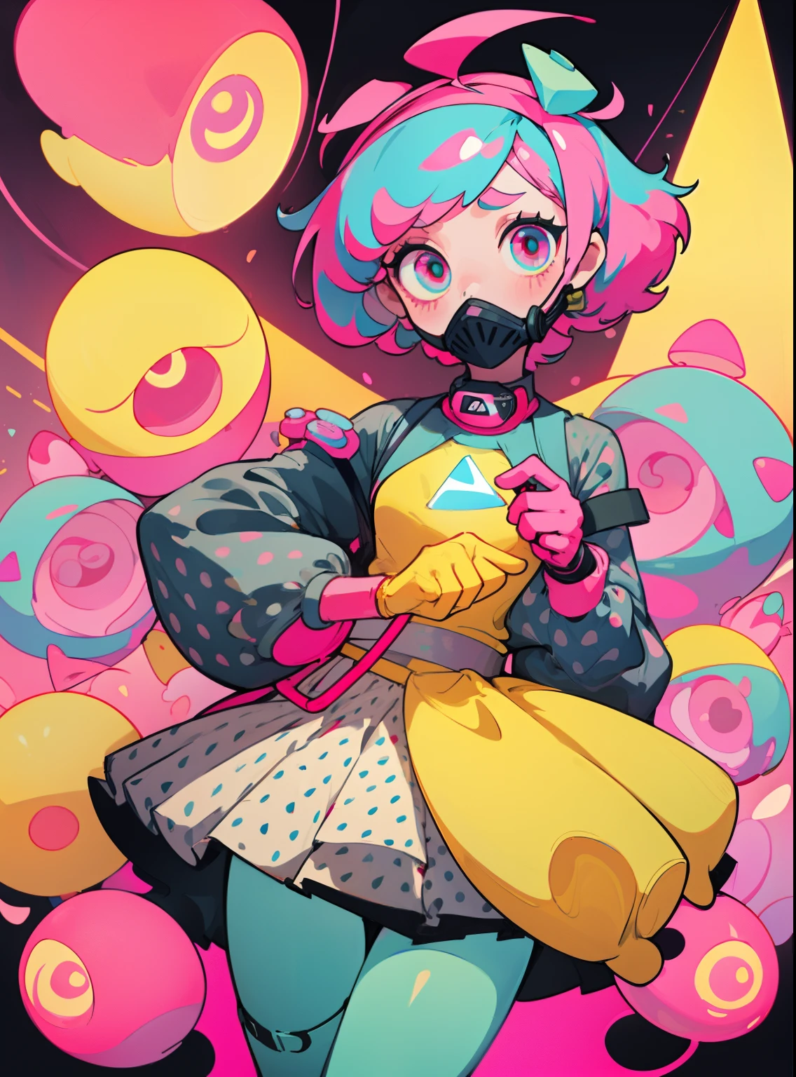 kpop girl with short nice fadecut pink hair, colorful glowing gass mask, lots of shapes attatched everywhere, random shapes mostly triangle, yellow skirt with polcadots, red gloves, and an 2 antena headband