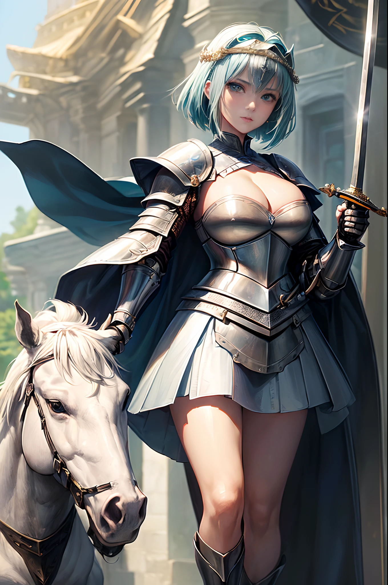 (top-quality、in 8K、32K、masterpiece、nffsw、超A high resolution、Impresionismo、Photorealsitic:1.2)、独奏、small tit、cowboy shot、(In one hand he holds an exquisite knight's sword:1.5)、Detailed Knight's Sword、 detailed faces and eyes、 Beautiful and fantastic cityscape、Beautiful steppe、Beautiful river、beauitful face、beautiful girl of 20 years old、Shiny light blue hair、short-hair、a short bob、Her eyes are emerald green、(She wears knight's armor:1.4)、(Attaching a knight's circlet to the head:1.4)、shinny skin、(In his left hand he holds a knight's shield:1.4)、(In his right hand he holds a knight's sword:1.4)、Luxurious cloak、Blunt bangs、Flag of the Knights、(She is riding a white warhorse:1.4)、Knight's Armor Boots、(I can see her cleavage:1.4)、(I see the legs:1.4)、Legion Flag