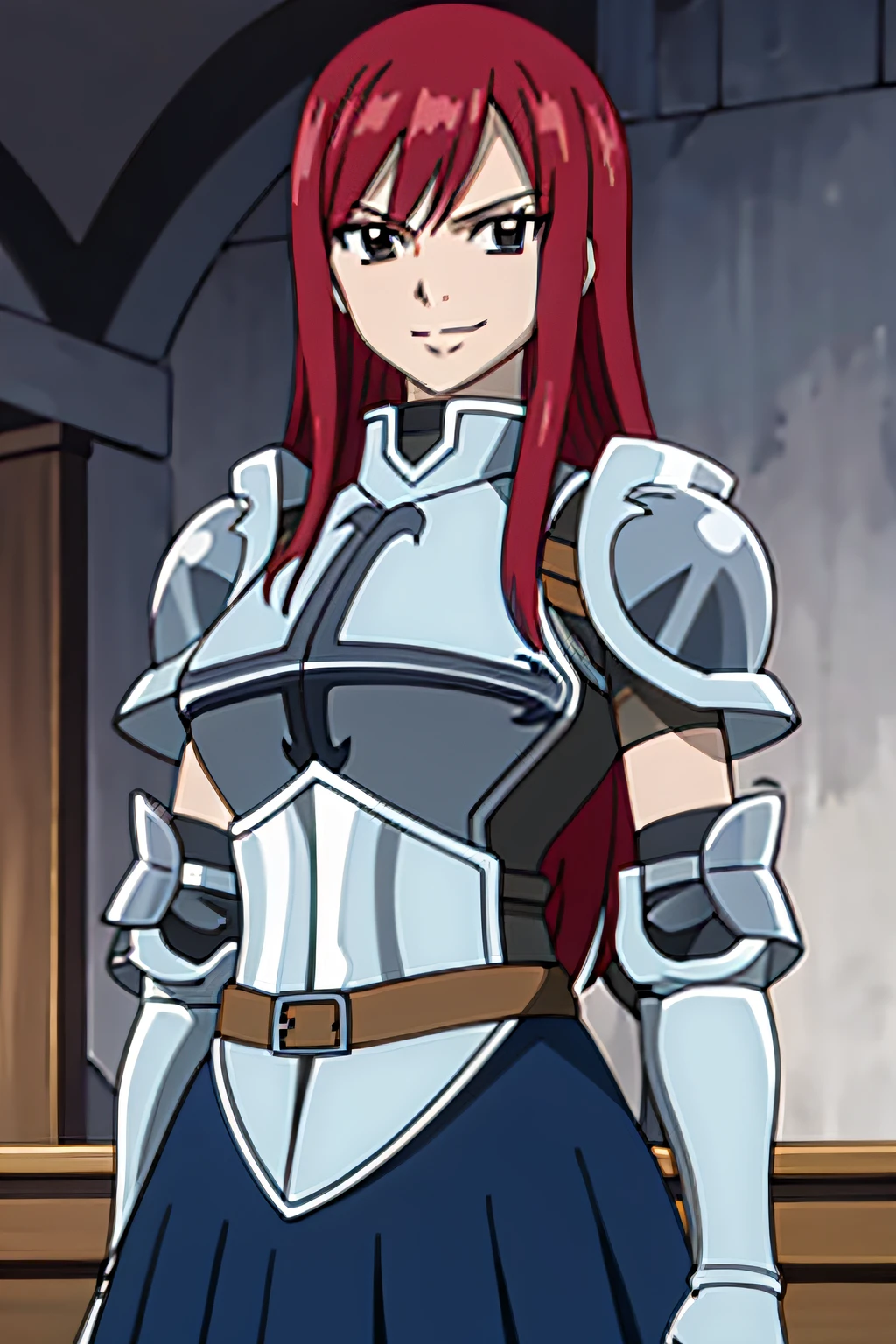 1girl, solo, upper body, facing viewer, looking at viewer, smile, ERZASCARLET, ARMOR, BREASTPLATE, GAUNTLETS, SHOULDER ARMOR, BLUE SKIRT