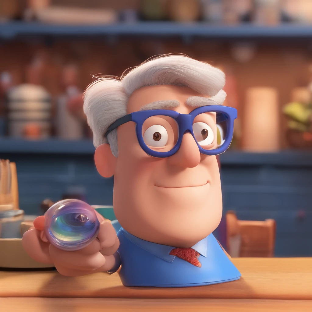 Crie um cartaz inspirado na Disney Pixar com o personagem sendo o deputado Keniston Braga, A white-haired man wearing glasses, the scene will be in Pixar's distinctive digital art style. Focus on character expressions, Vibrant colors and detailed textures present your animations, with the title " Keniston Braga no meio, Quero a cena dos principais filmes do PIXar
