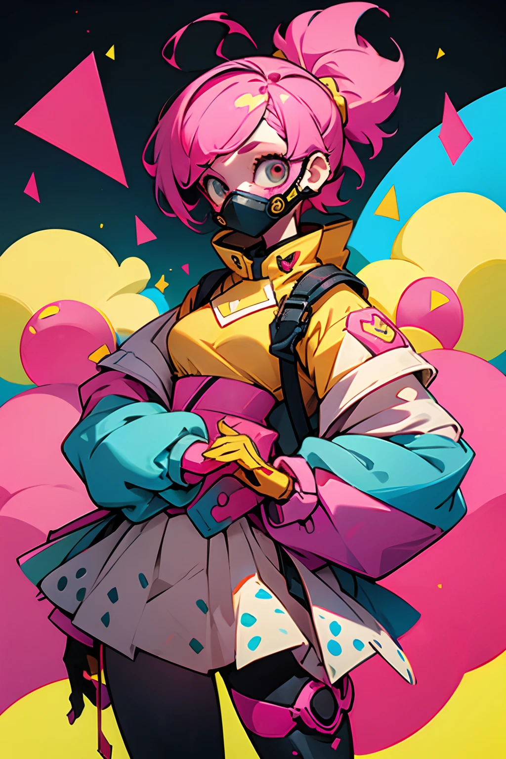 kpop girl with short nice fadecut pink hair, colorful glowing gass mask, lots of shapes attatched everywhere, random shapes mostly triangle, yellow skirt with polcadots, red gloves, and an 2 antena headband