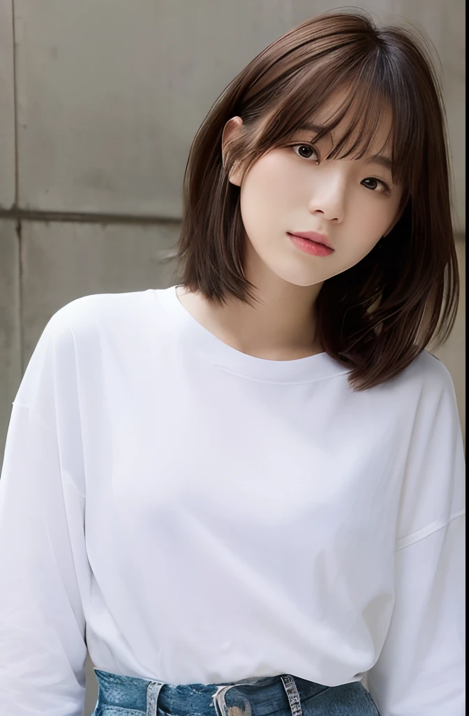 (top-quality、超A high resolution)1人、natural soft light、small tits、A Japanese Lady、Looking at the camera、Long sleeve white T-shirt、Concrete background、Facing the front、is standing、bobhair、Woman in her late teeight bangs、short-hair、Salon model、Natural look、portlate、floated hair、Rolled hair