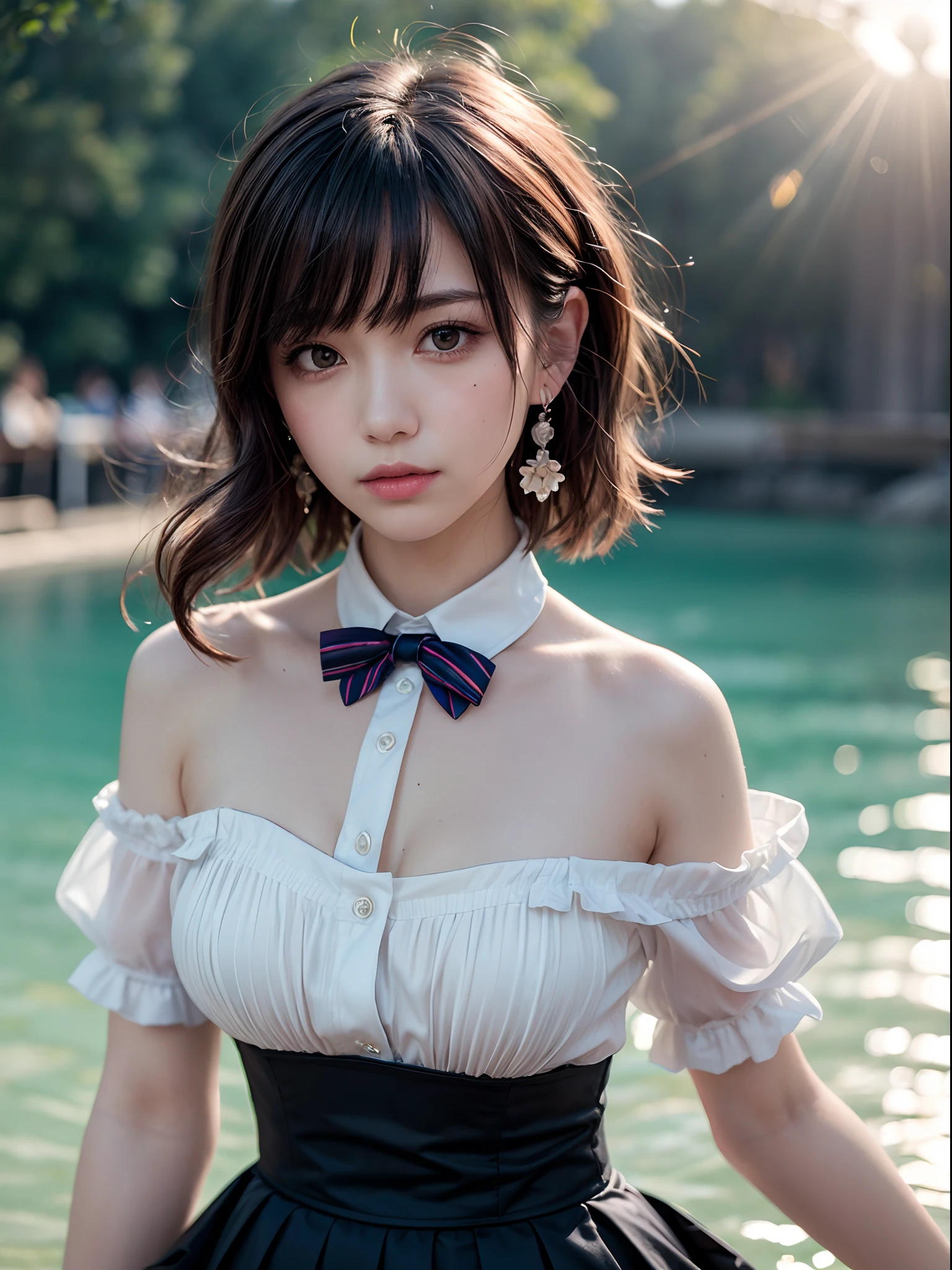 girl, White skin, ((Dark brown short tiered hair)), V cut with layers and bangs, Brown eyes, Soft atmosphere characteristics (Highest quality, Ultra-high resolution, 8K, RAW Photos, Ultra-high resolution: 1.2, masterpiece: 1.3), (Realistic, Realistic: 1.37), Very detailed, Professional Lighting, Photon Mapping, Radio City, 物理ベースレンダring, One Girl, (high school girl), Sharp focus:1.2、Beautiful woman:1.4,cute, Nice, Adorable, smile, Normal chest, Cross Necklace、Earrings、ring,(Cleavage)、Gothic Lolita Fashion, (((ピンクと黒のGothic Lolita Fashion, ))),Lolita Fashion,Belly button、((Dark brown short hair))、Resort Beach、coastal、Sitting、
