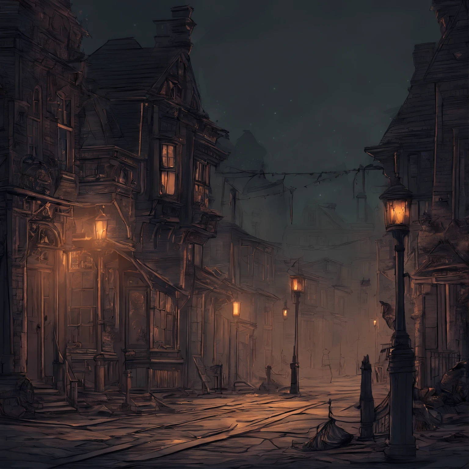 Victorian street, candle lit streetlights,Messy items,darkly,Spooky environment