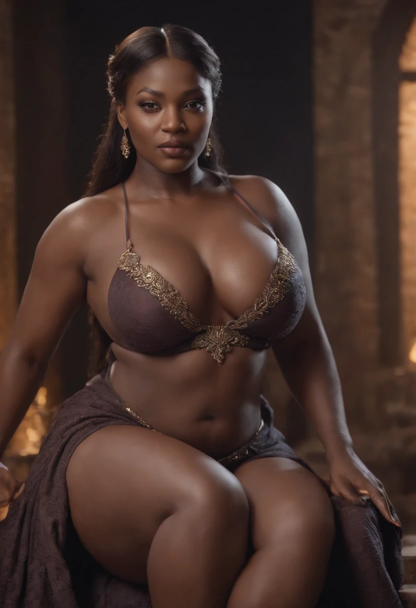 Dark-skinned Demon Queen,(( sitting with legs open wide)) NSFW, fat, big boobs, big hips, big butt, wearing , showing shaved , fat  with little hairs, perfect proportions, perfect eyes, real life cores, elegant, sharp focus, hyperrealistic, highly detailed, harsh, dramatic lighting, Conceptual Resolution Art 8k by Greg Rutkowski Intricately detailed Hyper-detailed dynamic lighting Triadic color splash art trend Artstation Unreal Engine 5