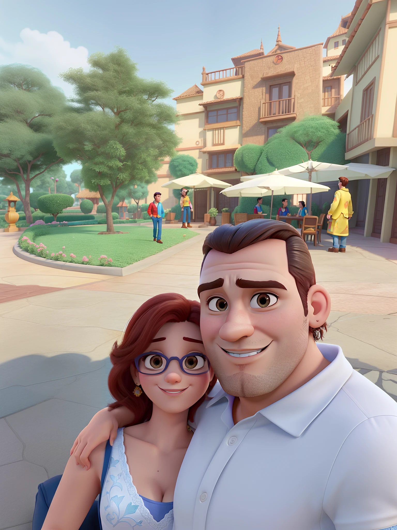 Casal (homem moreno e mulher branca) no estilo Disney Pixar, alta qualidade, melhor qualidade.