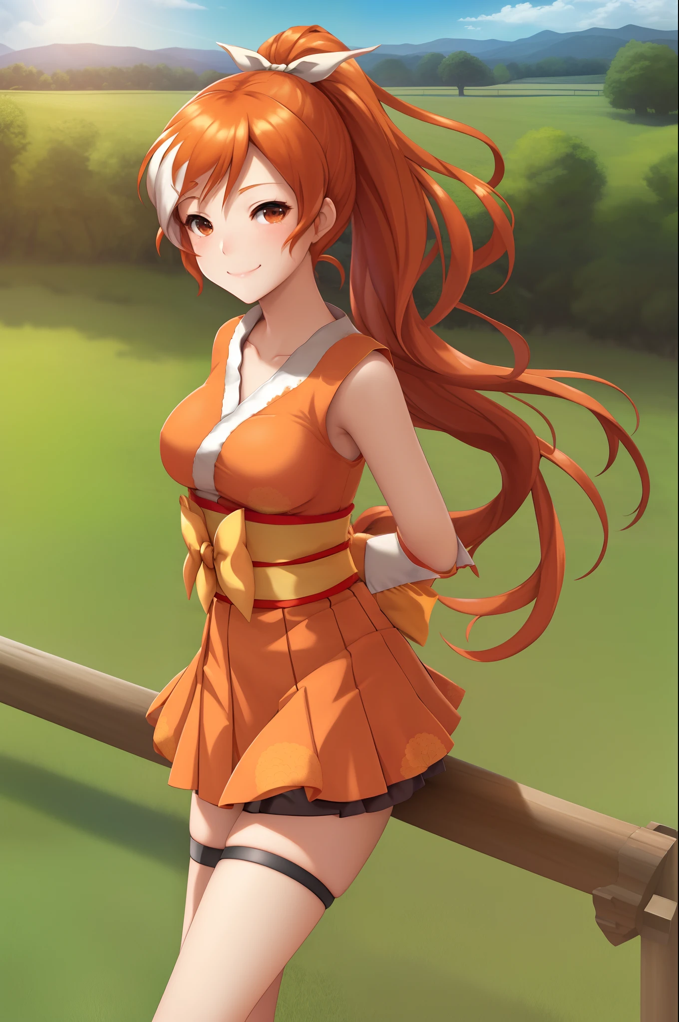 1girl, SilenceSIzuka, silence_suzuka_\(umamusume\), mature female, blue eyes, orange hair, (horse ears), horse girl, (horse tail:1.2), bangs, highly detailed clothes, heavy breathing, thick thighs, hoop earrings, necklace, jewelry, outdoors, smile, wearing microdress, bodycon, shiny dress, elbow gloves, miniskirt, waist cutout, o-rings, looking at viewer