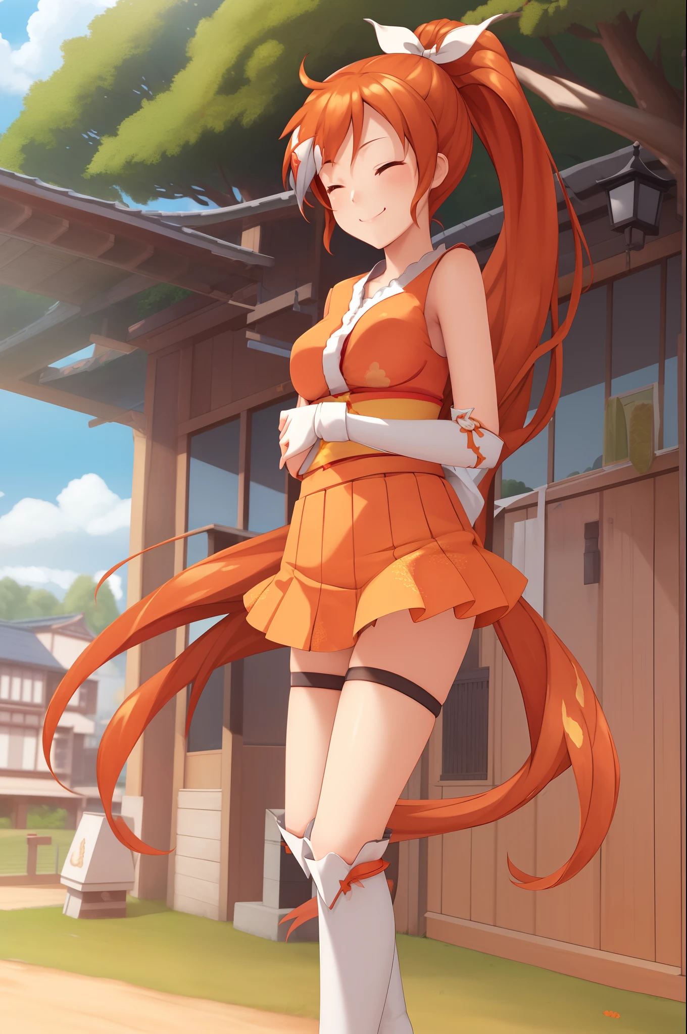 masterpiece, best quality, CG, wallpaper, HDR, high quality, high-definition, extremely detailed, crunchyroll hime, 1girl, simple background, arms behind back, leaning forward, smile, closed eyes, pov, outside, park, field, trees, sun, sunshine, lens flare,