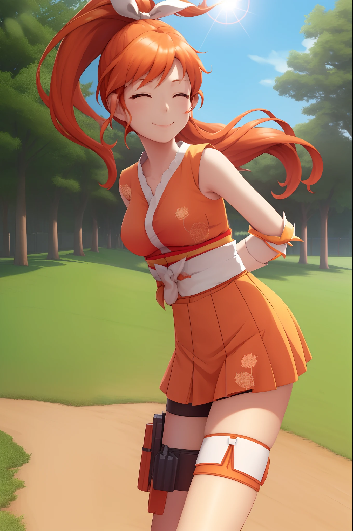 masterpiece, best quality, CG, wallpaper, HDR, high quality, high-definition, extremely detailed, crunchyroll hime, 1girl, simple background, arms behind back, leaning forward, smile, closed eyes, pov, outside, park, field, trees, sun, sunshine, lens flare,