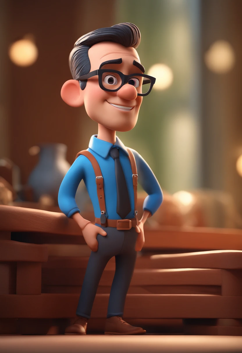 Cartoon character of a man with black glasses and a blue shirt, animation character, Caractere estilizado, animation style rendering, 3D estilizado, Arnold Maya render, 3 d render stylized, toon render keyshot, Personagem 3D, Personagem 3D, 3d rendering stylized, 3 d character render, personagem de desenho animado, Personagem de close up, Pose de personagem,  (Estilo Pixar) (master part:1.2) (Bokeh) (best quality) (pele detalhada) (textura detalhada) (8k) (argila) (Cinematic lighting) (foco nítido