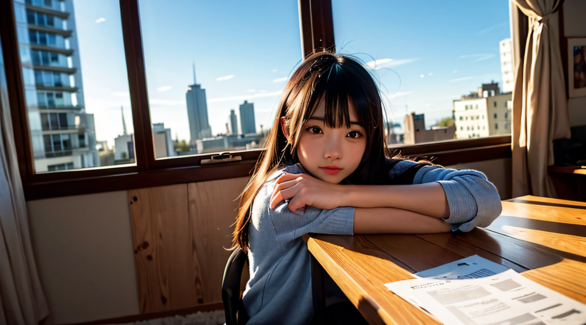 give me a prompt to create image zoom someone reading a books in her room, Student desk, books, near the window, view of the building, clear sky,