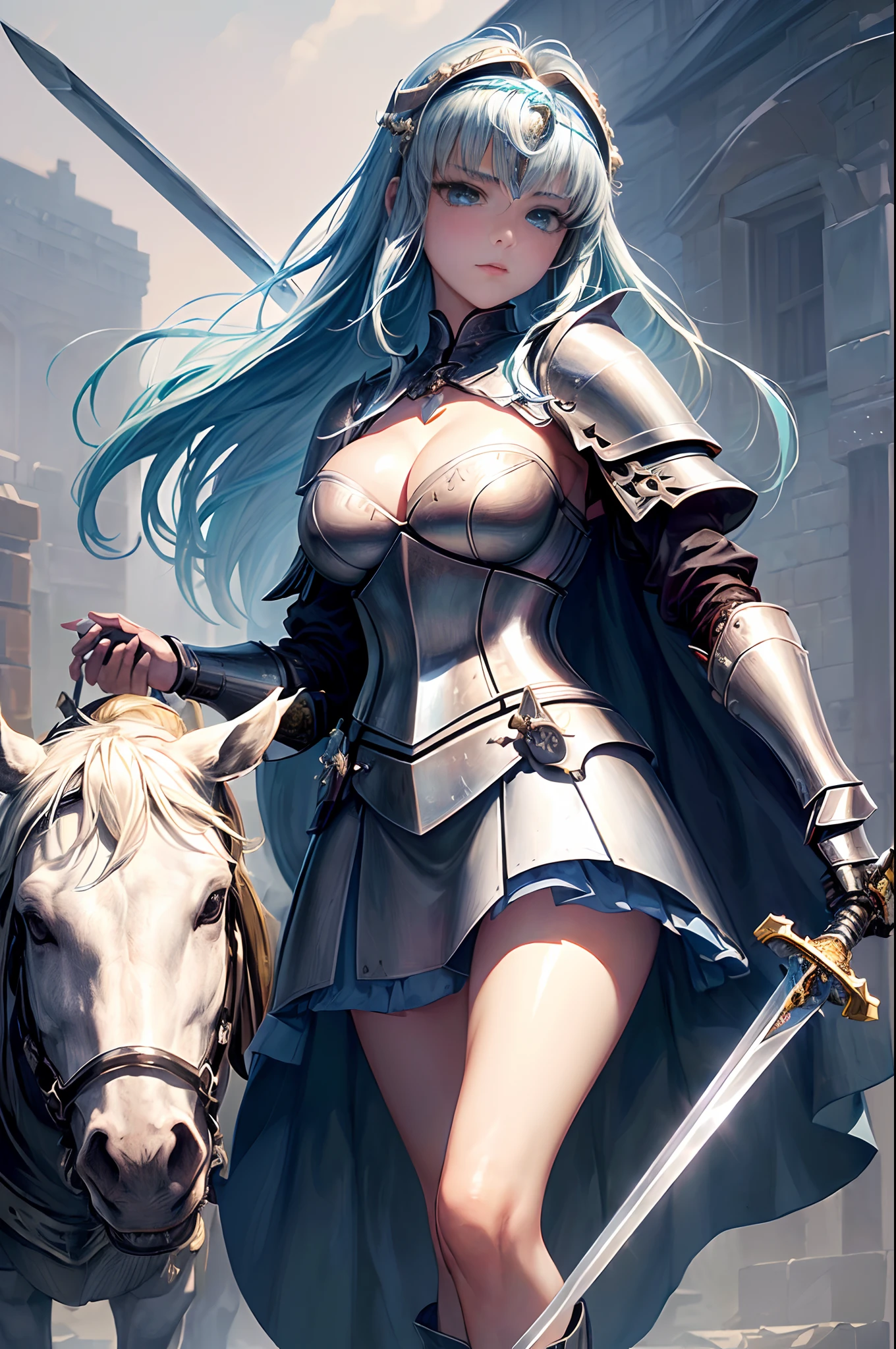 (top-quality、in 8K、32K、masterpiece、nffsw、超A high resolution、Impresionismo、Photorealsitic:1.2)、独奏、small tit、cowboy shot、(In one hand he holds an exquisite knight's sword:1.5)、Detailed Knight's Sword、 detailed faces and eyes、 Beautiful and fantastic cityscape、Beautiful steppe、Beautiful river、beauitful face、beautiful girl of 20 years old、Shiny light blue hair、short-hair、a short bob、Her eyes are emerald green、(She wears knight's armor:1.4)、(Attaching a knight's circlet to the head:1.4)、shinny skin、(In his left hand he holds a knight's shield:1.4)、(In his right hand he holds a knight's sword:1.4)、Luxurious cloak、Blunt bangs、Flag of the Knights、(She is riding a white warhorse:1.4)、Knight's Armor Boots、(I can see her cleavage:1.4)、(I see the legs:1.4)、Legion Flag