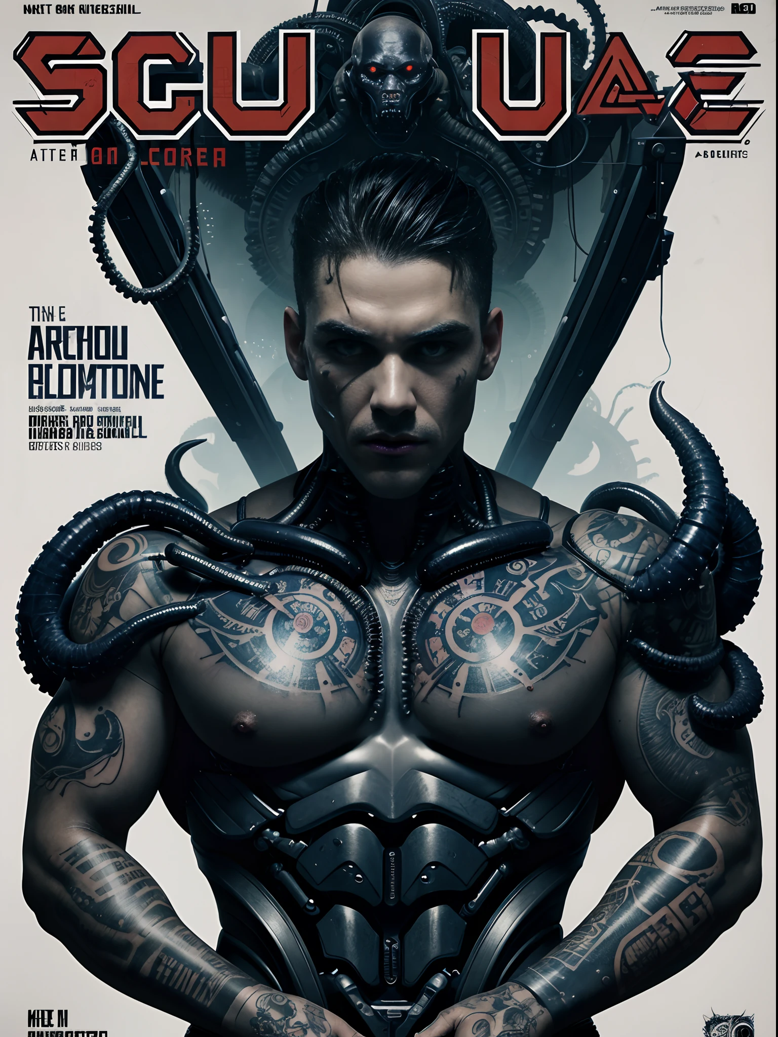 (male) Super cyborg, magazine cover, poster art , Lovecraftian horror tattoos, hint of navy, bold huge text, matted design layout, strong, bold inking techniques