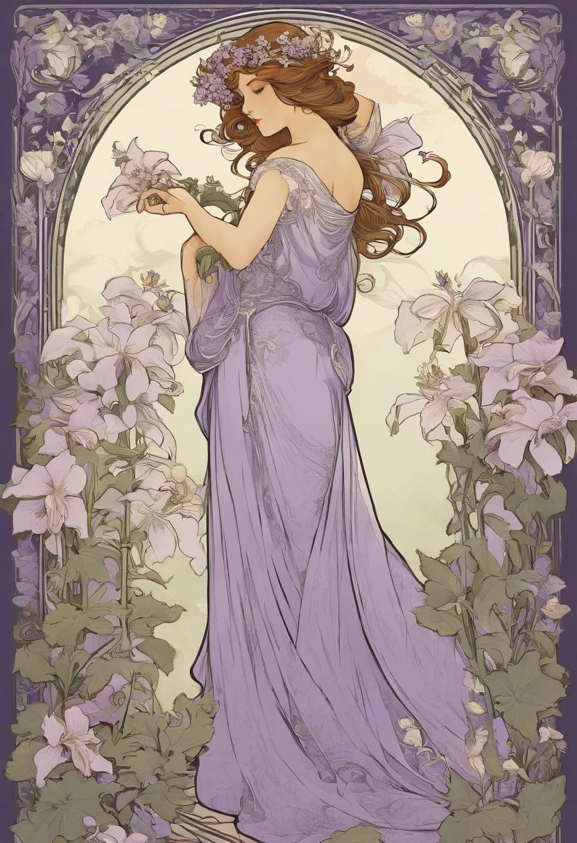 8k.Poster illustration in Alphonse Mucha style, pintura plana, Beautiful western woman in lilac ankle long dress, Emmawatoso,Holding a bouquet of white lilies,Corpo inteiro como,corpo esguio,barefoot,Arte Nova, plantas em segundo plano, NFFSW, masutepiece, Alfonse Mucha, Detalhes altos