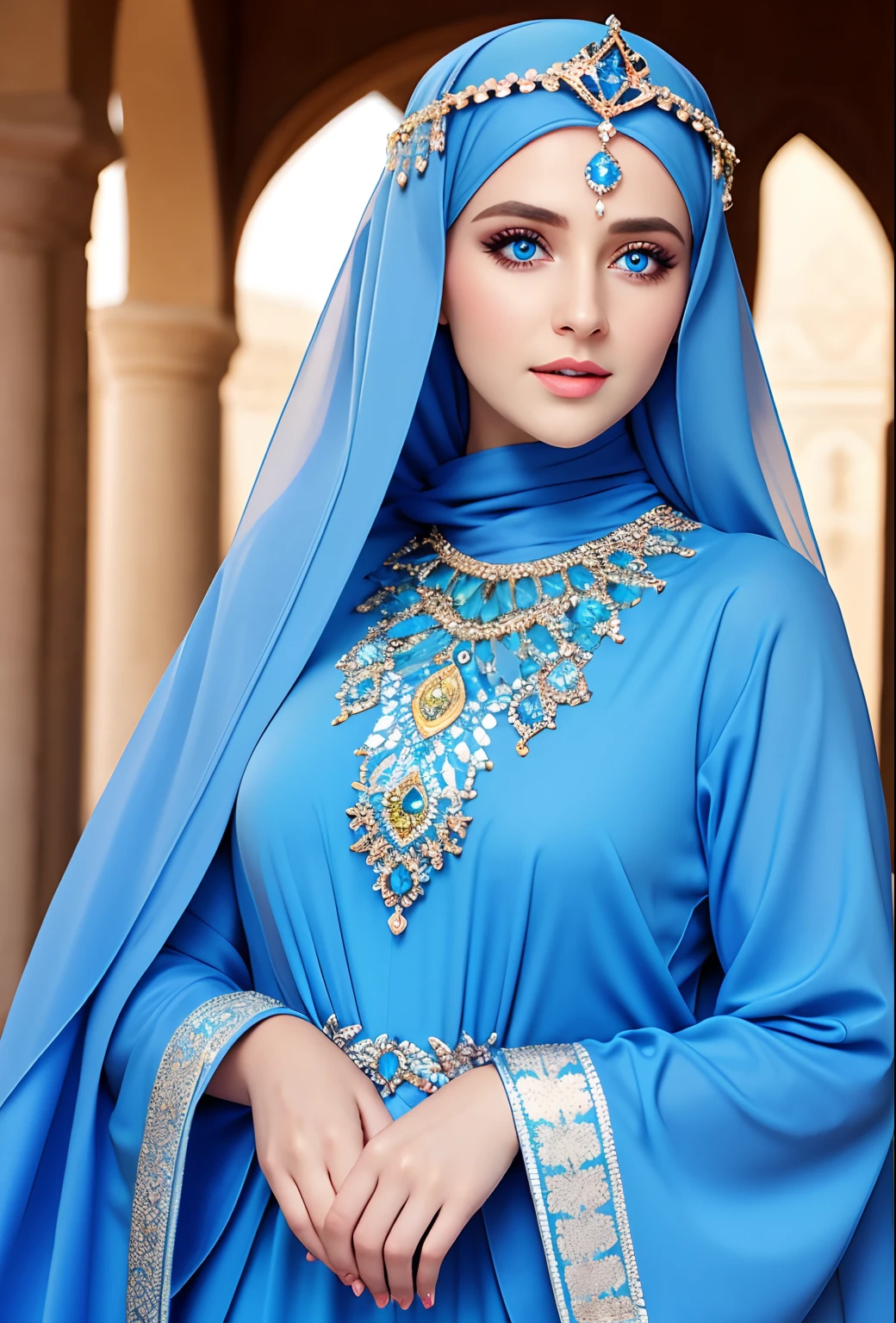 Very beautiful princess with jewlery bright blue eyes portrait sexy sexy zoom sexy face eyes mouth glowing blue eyes super detailed hyper realistic crystal eyes wearing islamic caftan