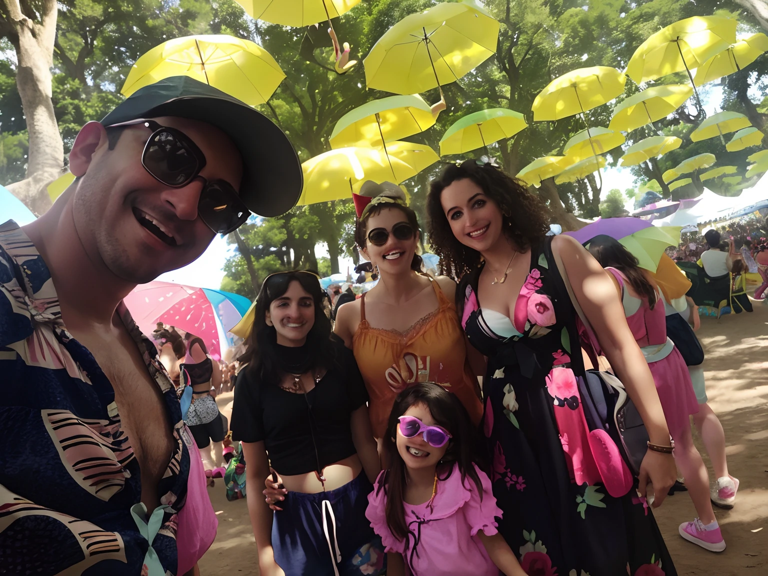 There are a lot of people under yellow umbrellas in the park, foto de perfil, foto do perfil, pessoas com guarda-chuvas, festival vibes, music festival, ao sol, vacation photo, Hora do dia ensolarado, imagem de perfil, instagram story, foto de grupo, foto de perfil, divertindo-se, Alice participa da Mad Tea Party, imagem de qualidade muito baixa, non blurry, Family photo