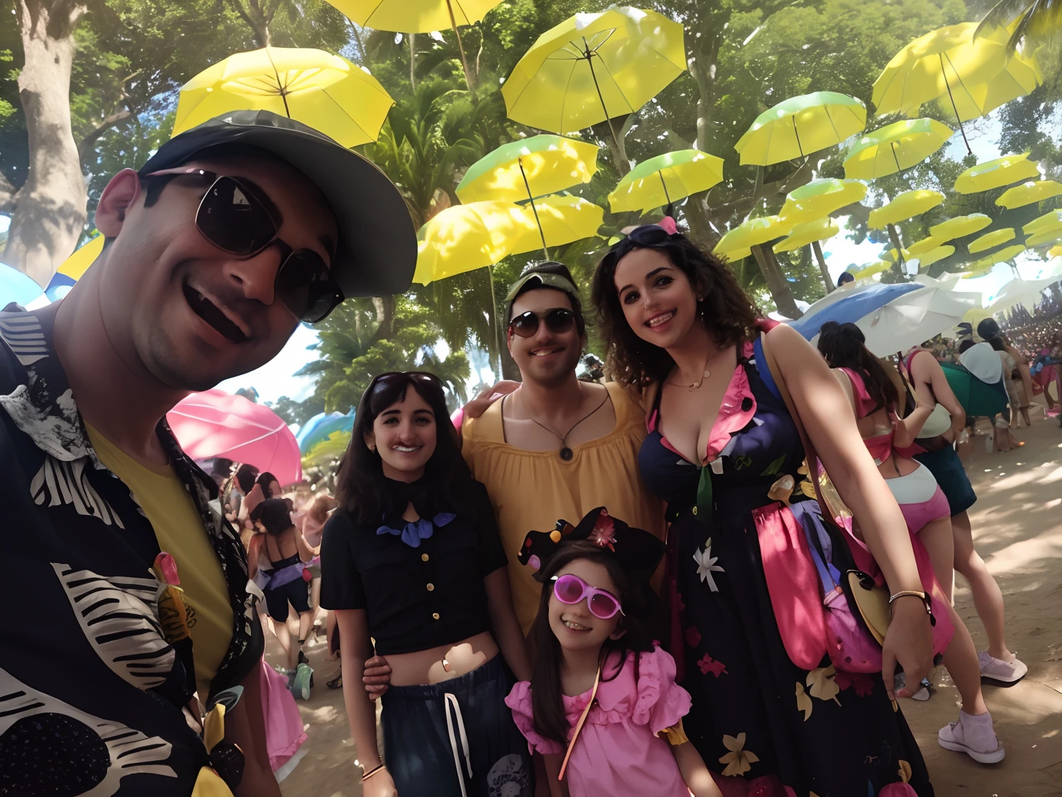 There are a lot of people under yellow umbrellas in the park, foto de perfil, foto do perfil, pessoas com guarda-chuvas, festival vibes, music festival, ao sol, vacation photo, Hora do dia ensolarado, imagem de perfil, instagram story, foto de grupo, foto de perfil, divertindo-se, Alice participa da Mad Tea Party, imagem de qualidade muito baixa, non blurry, Family photo