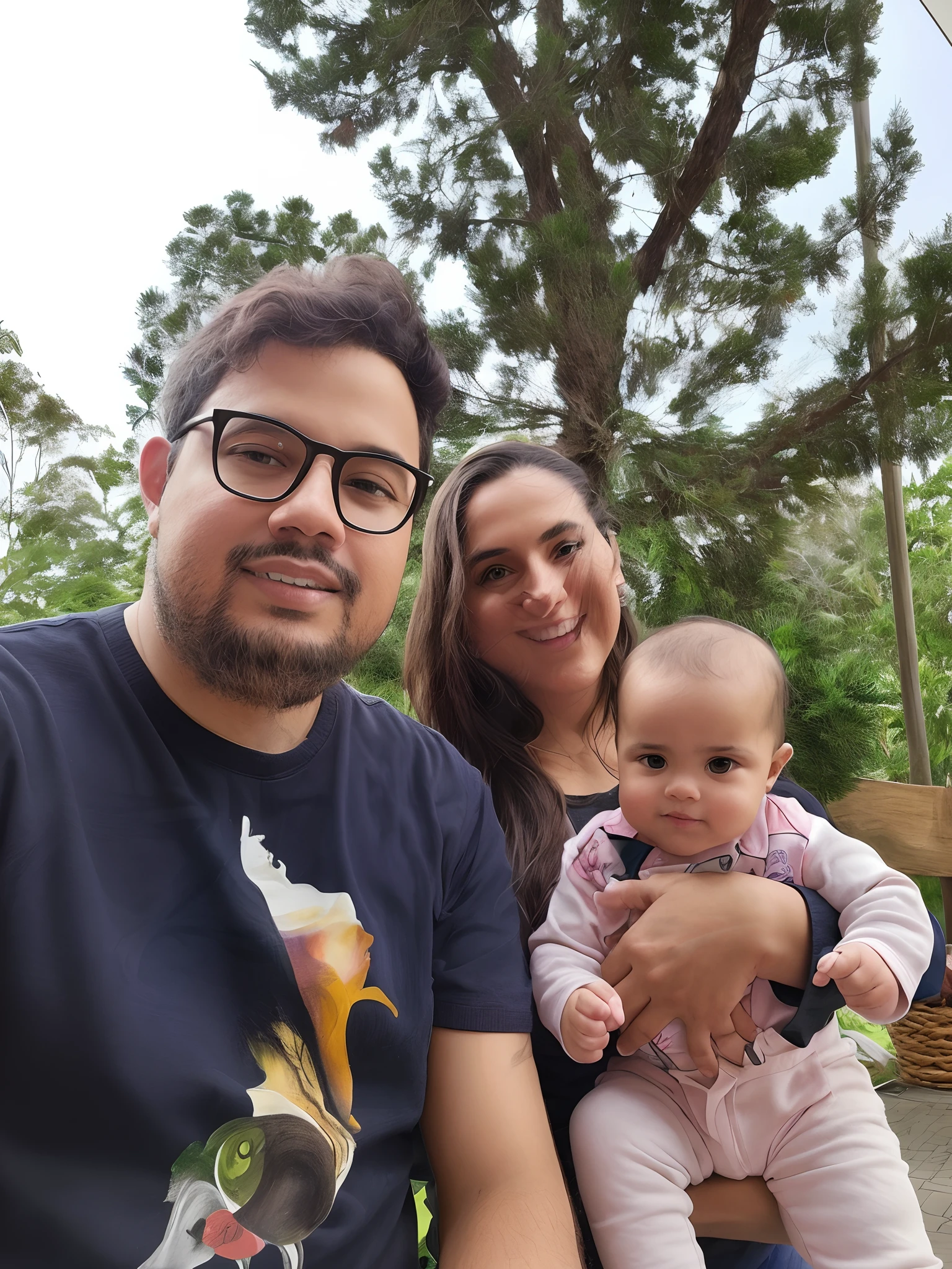 Our beautiful family, papai de blusa verde, Mom with baby on her lap, filha mais velha feliz e animados, num lindo lugar com sol e natureza, everyone is happy