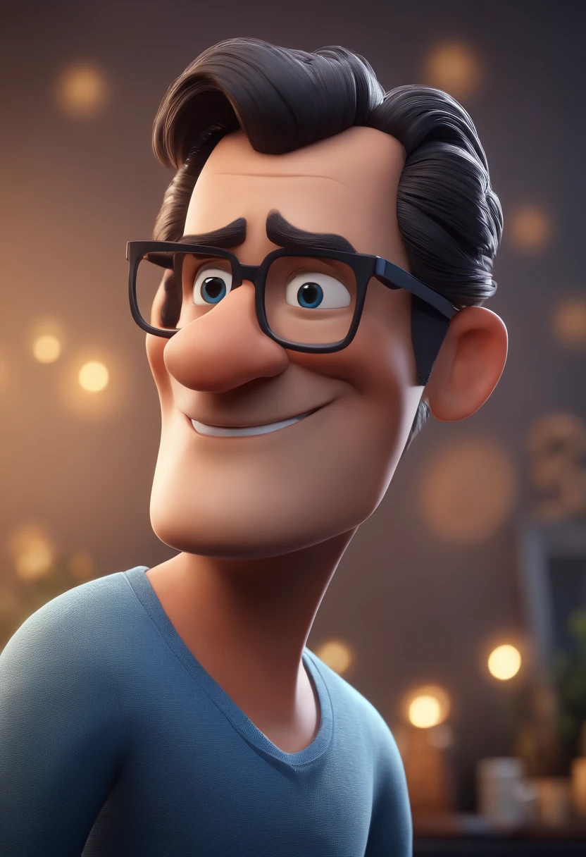 Cartoon character of a man with black glasses and a blue shirt, animation character, Caractere estilizado, animation style rendering, 3D estilizado, Arnold Maya render, 3 d render stylized, toon render keyshot, Personagem 3D, Personagem 3D, 3d rendering stylized, 3 d character render, personagem de desenho animado, Personagem de close up, Pose de personagem,  (Estilo Pixar) (master part:1.2) (Bokeh) (best quality) (pele detalhada) (textura detalhada) (8k) (argila) (Cinematic lighting) (foco nítido