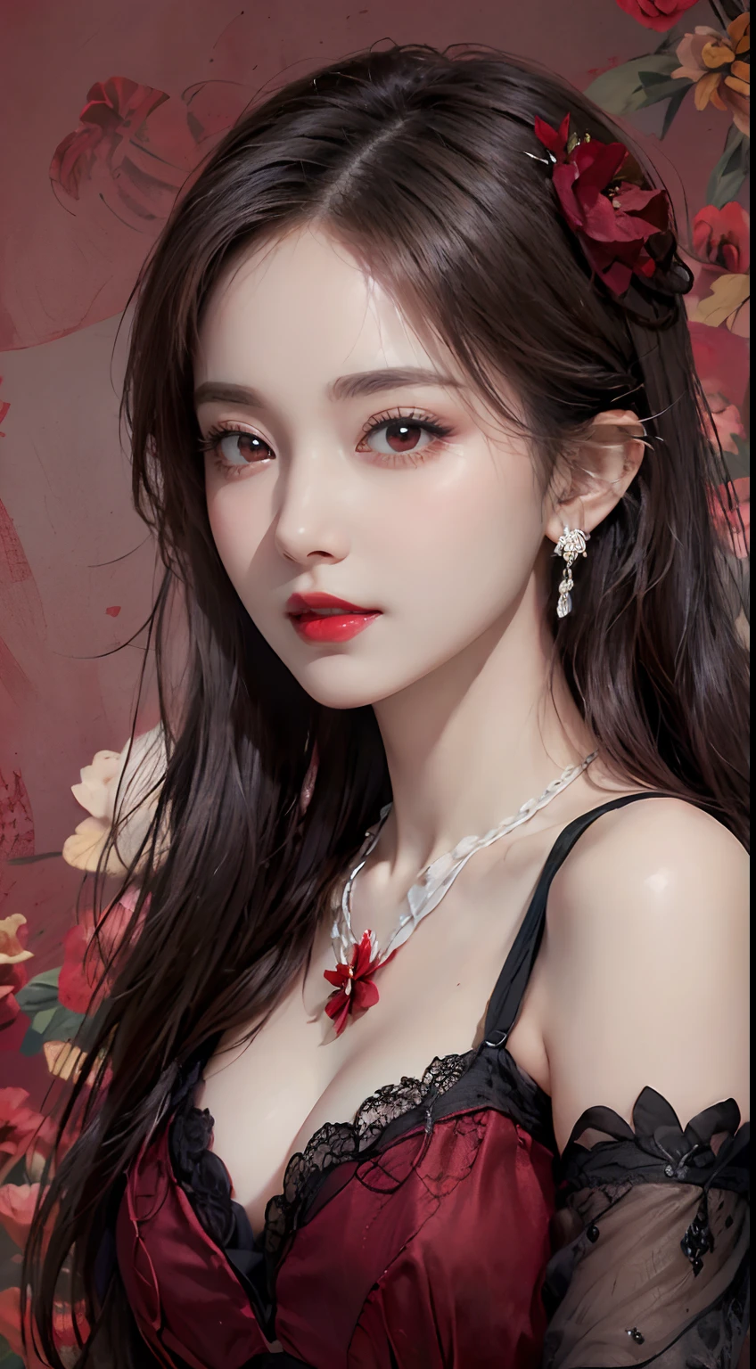 1 beautiful and attractive 20-year-old girl, ((Wearing an ultra-thin red dress with diamonds: 1.8)), ((Long platinum hair: 1.6)), Bangs, Elaborate jewelry made from noble stones and beautiful hair, ( ( Wearing a black lace necklace:1.4))), noble, Aristocratic style of a very beautiful girl, Super cute little face, Very pretty face, Thin eyebrows, Beautiful face, flawless, ((black eye pupil: 0.8))), Very pleasing to the eye, ((Light red eyes: 1.5)), Beautiful makeup and hair, detailed eyelash, Eye Makeup Wet, High Nose, earrings, Red lips, ((Closed mouth: 1;5 )) Beautiful lips, Slim hands, The most beautiful thighs, Rosy face, Clean face, Perfect beautiful face, Fair skin Smooth white skin, ((Big breasts: 1.5)), ((high breasts: 1.6)), firm breasts, Nice cleavage, (((Super Round Chest: 1.6))), ((Super tight breasts: 1.7 )), Beautiful breasts, ((shoulders: 1.8)), Beautiful breasts, Thin black mesh stockings with black lace trim, Perfect body, 8k photo, ultra-quality, Super realistic, Super 10x pixels, Research Areas Optical Research Field, studio lights, edge light, two-tone light, (High Detail Skin: 1.2), Ultra-8k, Soft light, High quality, Volumetric Lights, optical, high-resolutionhigh-optics, Lighting, Best Photo, 4K, The 8k quality, Blur effect, Smooth sharpness, 10 x pixels, ((Red flower background:1.7)), Aurora, Lightning, Realistic Super Graphics, The most realistic drawing map, Alone, Solo, very clear picture, Surreal, Upper body of a girl, (((frontal portrait: 1.6)))."