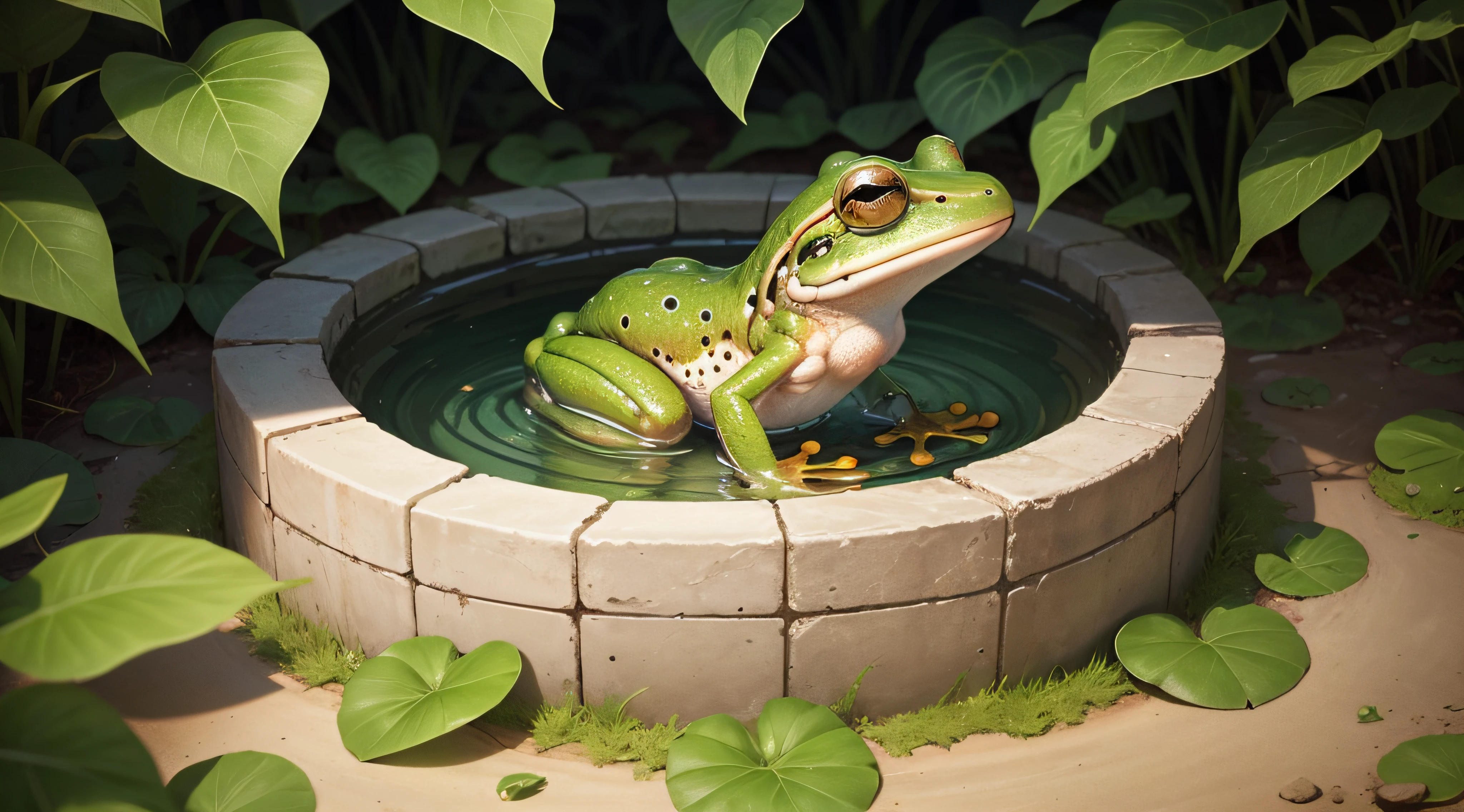 The bottom of the well is a bit deep, You can see the square sky, Keep only one frog