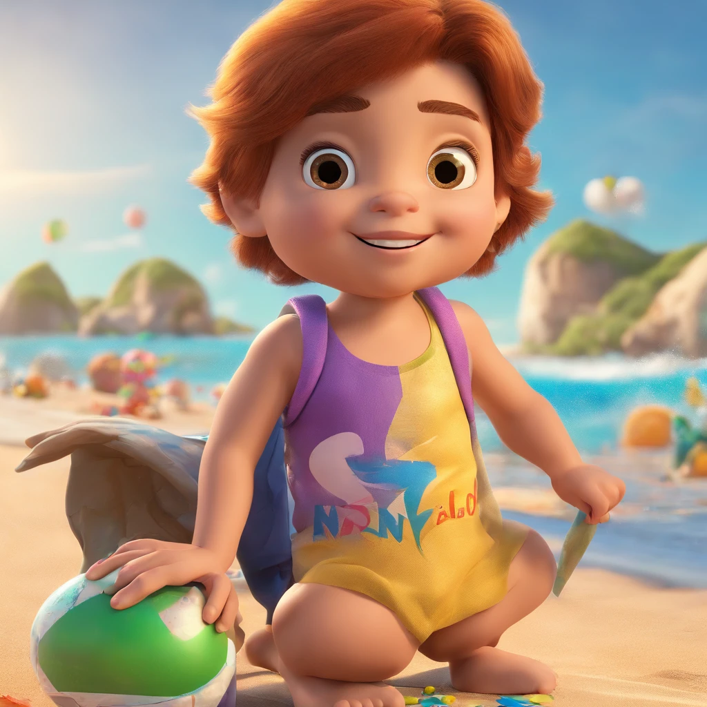 Create a Disney Pixar-inspired poster with the character being a and 6 yearsro, cabelo liso estilo surfista, olhos verdes e de tamanho grande. Playing ball on the beach with her 2-year-old brothMorencabelos escuros com franja, olhos castanhos e gordinho.