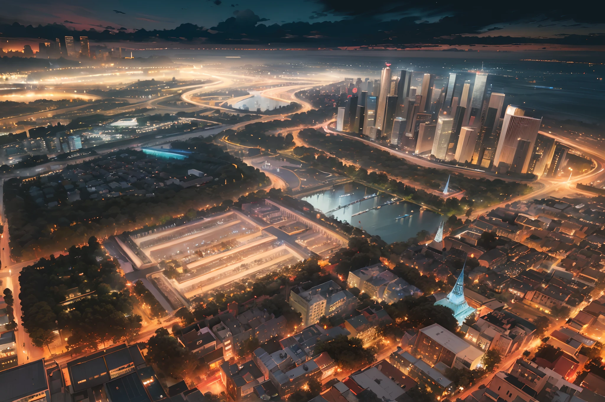 (city skyline),(cityscape),(dusk),(blue hour),(aesthetic),(beautiful view),(night lights),(high-rise buildings),(urban landscape),(architecture),(city center),(colorful lights),(dynamism),(vibrant),(high resolution),(ultra-detailed),(best quality),(masterpiece)