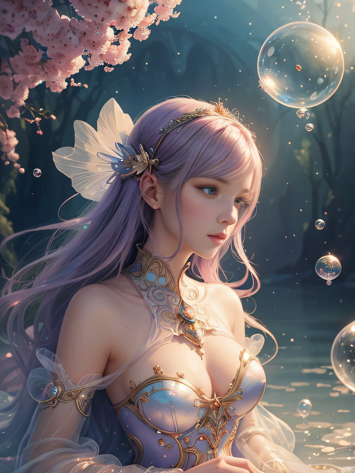 Drawing of a woman in a bubble-blowing dress, loish and wlop, ethereal bubbles, moebius + Roisch + wlop, dreamy and detailed, intricate wlop, closeup fantasy with water magic, fairytale artwork, fairytale painting, in style of anna dittmann, wlop art, realistic fantasy painting, artgerm julie bell beeple