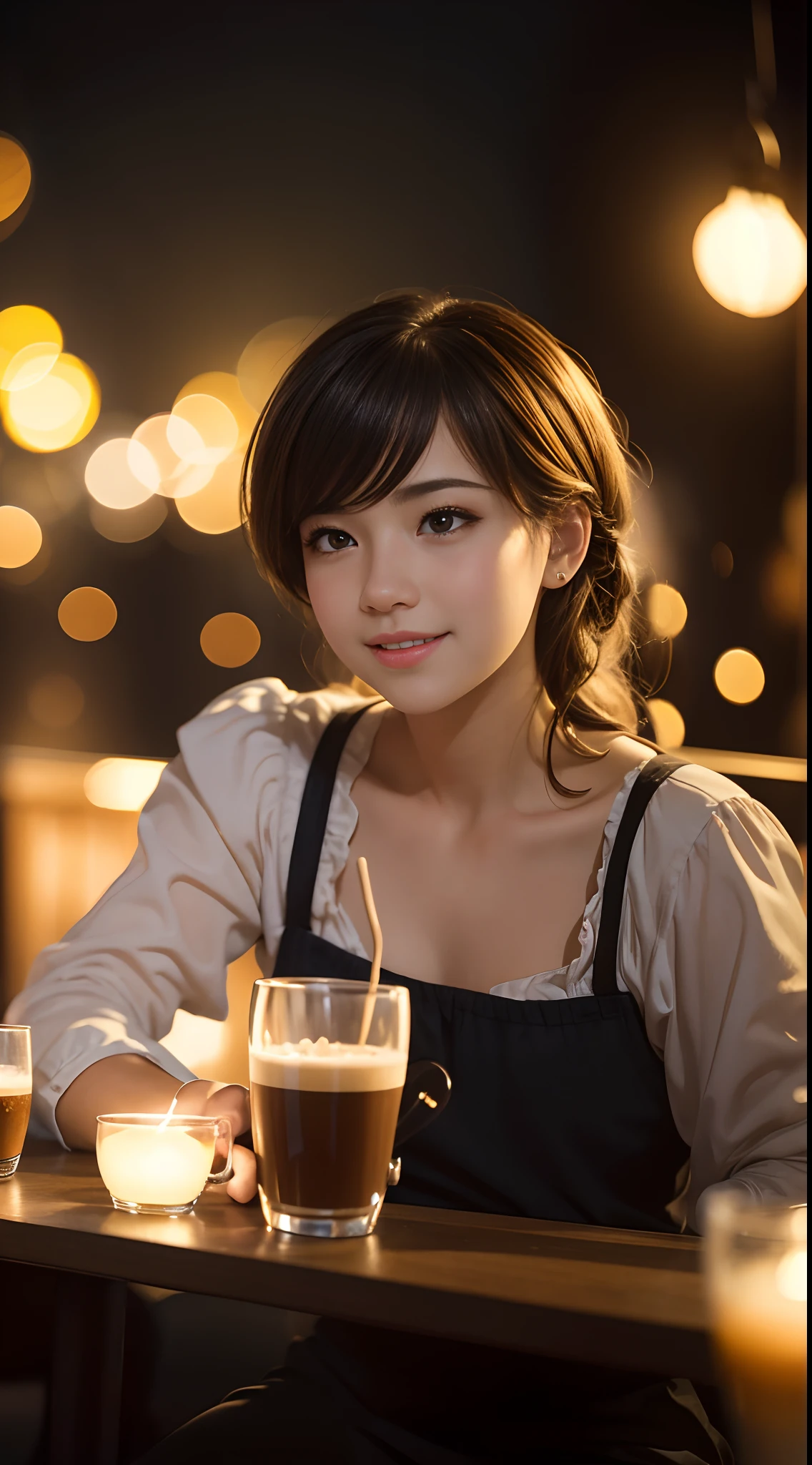 Illustrate a close up charming scene of a cute couple ((1 boy, 1 girl)) enjoying a delightful night out at an enchanting coffee shop, 16k resolution, UHD, ((background blur:1.7)) , bokeh, ((yellow hue:0.9)), ISO:300,