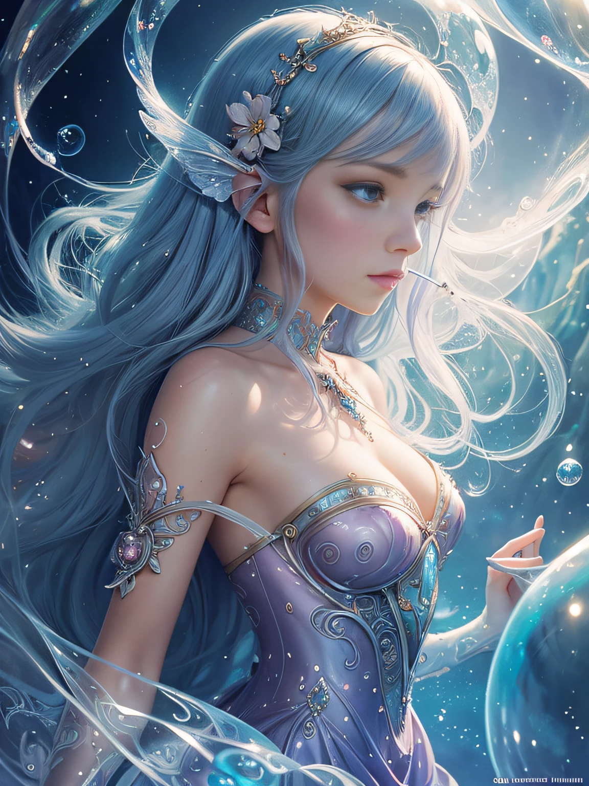 Drawing of a woman in a bubble-blowing dress, loish and wlop, ethereal bubbles, moebius + Roisch + wlop, dreamy and detailed, intricate wlop, closeup fantasy with water magic, fairytale artwork, fairytale painting, in style of anna dittmann, wlop art, realistic fantasy painting, artgerm julie bell beeple
