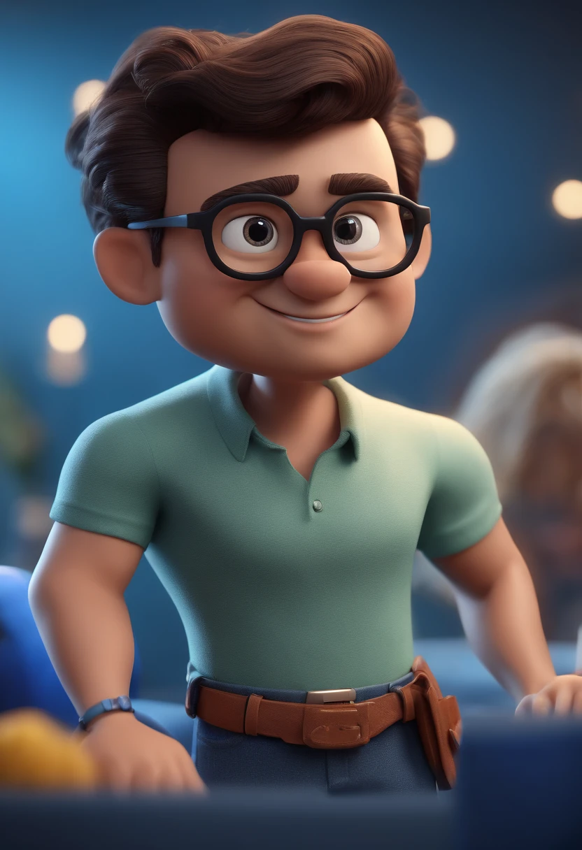 Cartoon character of a man with black glasses and a blue shirt, animation character, Caractere estilizado, animation style rendering, 3D estilizado, Arnold Maya render, 3 d render stylized, toon render keyshot, Personagem 3D, Personagem 3D, 3d rendering stylized, 3 d character render, personagem de desenho animado, Personagem de close up, Pose de personagem,  (Estilo Pixar) (master part:1.2) (Bokeh) (best quality) (pele detalhada) (textura detalhada) (8k) (argila) (Cinematic lighting) (foco nítido