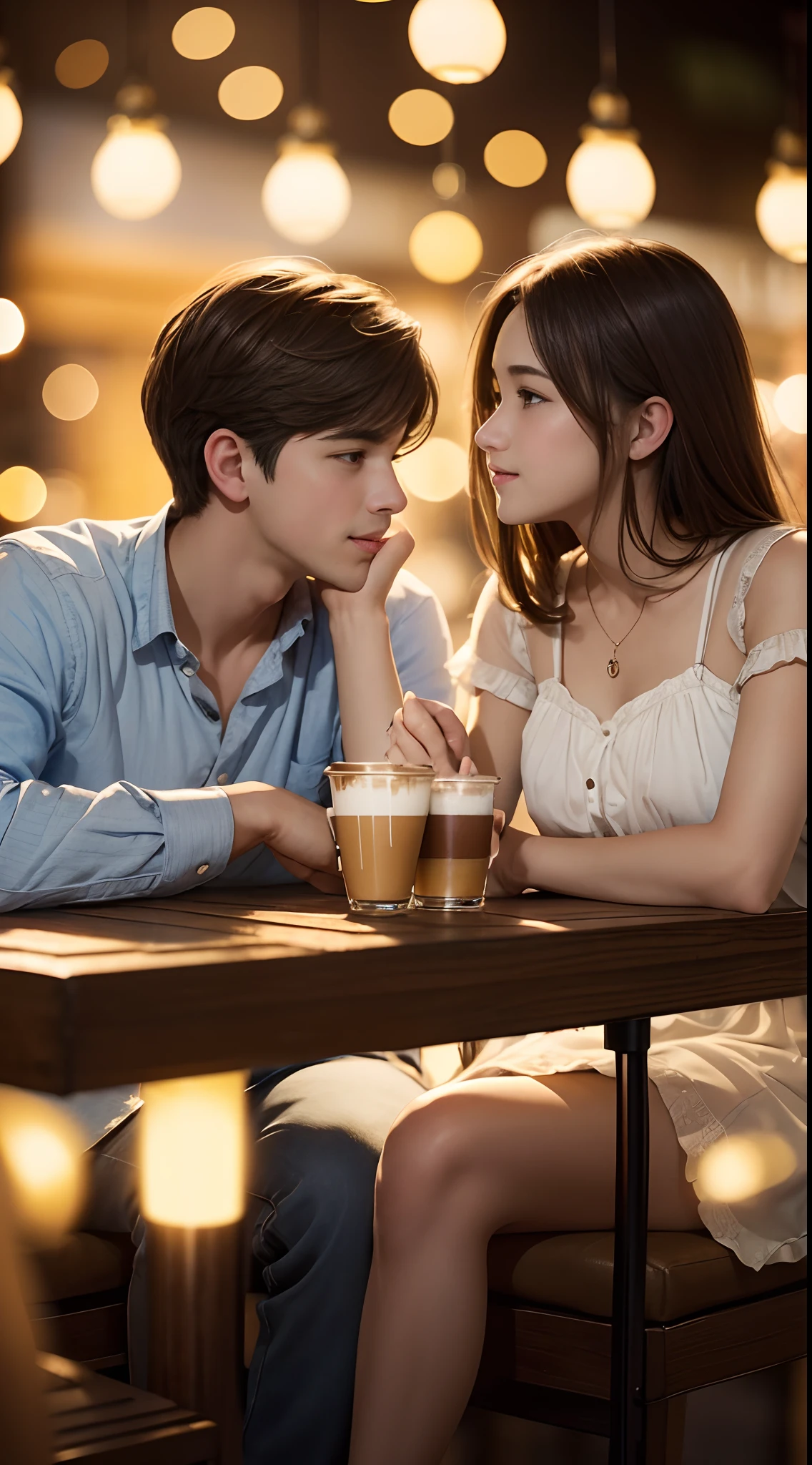 Illustrate a close up charming scene of a cute couple ((1 boy, 1 girl)) enjoying a delightful night out at an enchanting coffee shop, 16k resolution, UHD, ((background blur:1.7)) , bokeh, ((yellow hue:0.9)), ISO:300,