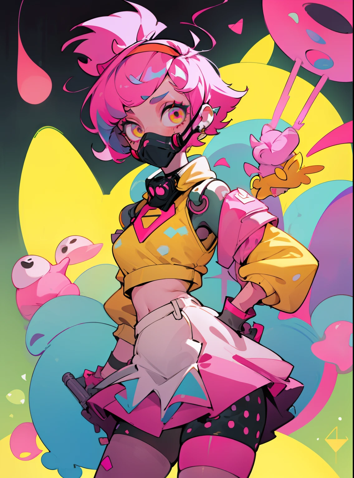 kpop girl with short nice fadecut pink hair, colorful glowing gass mask, lots of shapes attatched everywhere, random shapes mostly triangle, yellow skirt with polcadots, red gloves, and an 2 antena headband