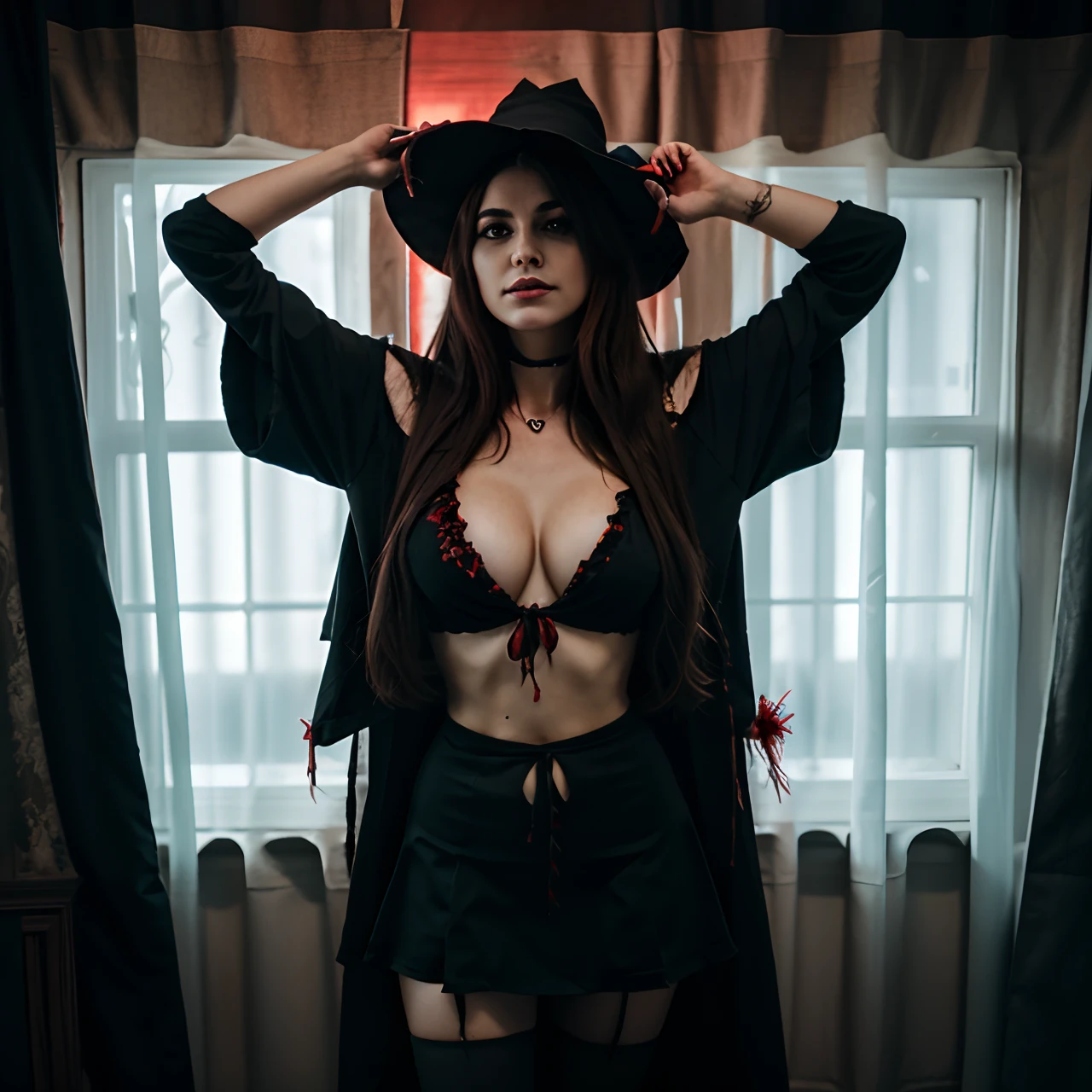 Pretty witch holding her bloody chest cavity open to show her heart