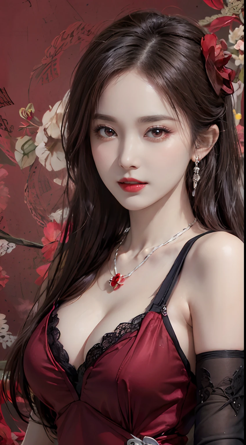1 beautiful and attractive 20-year-old girl, ((Wearing an ultra-thin red dress with diamonds: 1.8)), ((Long platinum hair: 1.6)), Bangs, Elaborate jewelry made from noble stones and beautiful hair, ( ( Wearing a black lace necklace:1.4))), noble, Aristocratic style of a very beautiful girl, Super cute little face, Very pretty face, Thin eyebrows, Beautiful face, flawless, ((black eye pupil: 0.8))), Very pleasing to the eye, ((Light red eyes: 1.5)), Beautiful makeup and hair, detailed eyelash, Eye Makeup Wet, High Nose, earrings, Red lips, ((Closed mouth: 1;5 )) Beautiful lips, Slim hands, The most beautiful thighs, Rosy face, Clean face, Perfect beautiful face, Fair skin Smooth white skin, ((Big breasts: 1.5)), ((high breasts: 1.6)), firm breasts, Nice cleavage, (((Super Round Chest: 1.6))), ((Super tight breasts: 1.7 )), Beautiful breasts, ((shoulders: 1.8)), Beautiful breasts, Thin black mesh stockings with black lace trim, Perfect body, 8k photo, ultra-quality, Super realistic, Super 10x pixels, Research Areas Optical Research Field, studio lights, edge light, two-tone light, (High Detail Skin: 1.2), Ultra-8k, Soft light, High quality, Volumetric Lights, optical, high-resolutionhigh-optics, Lighting, Best Photo, 4K, The 8k quality, Blur effect, Smooth sharpness, 10 x pixels, ((Red flower background:1.7)), Aurora, Lightning, Realistic Super Graphics, The most realistic drawing map, Alone, Solo, very clear picture, Surreal, Upper body of a girl, (((frontal portrait: 1.6)))."