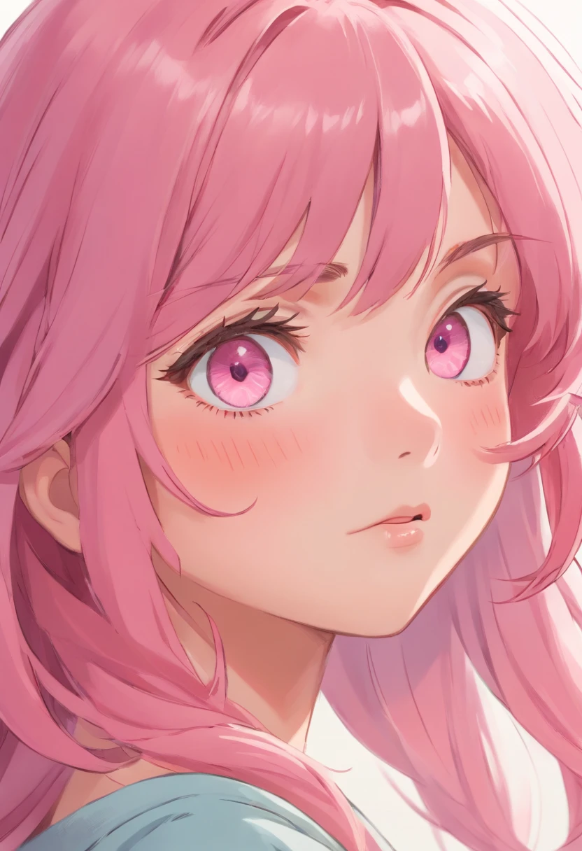 pink hair,female character,melancholic expression,zoomed eyes,detailed face,detailed lips,pastel colors,anime style,soft lighting,high quality,ultra-detailed