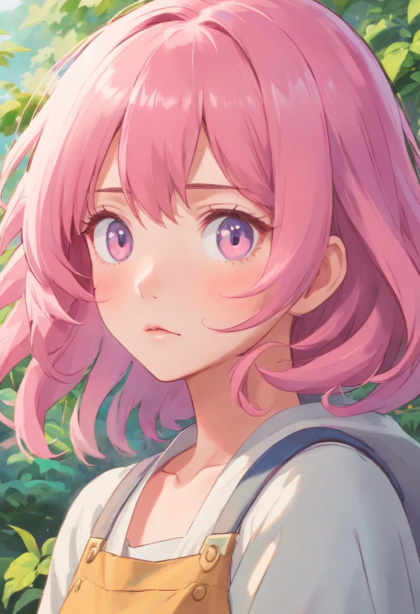 pink hair,female character,melancholic expression,zoomed eyes,detailed face,detailed lips,pastel colors,anime style,soft lighting,high quality,ultra-detailed