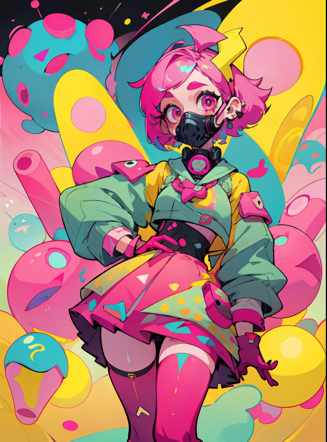 kpop girl with short nice fadecut pink hair, colorful glowing gass mask, lots of shapes attatched everywhere, random shapes mostly triangle, yellow skirt with polcadots, red gloves, and an 2 antena headband