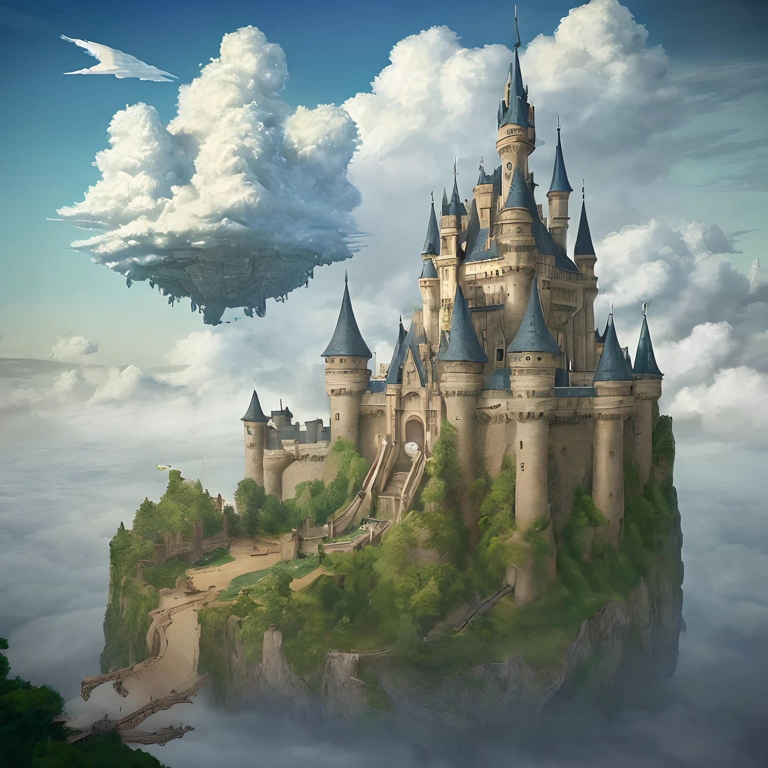 masterpiece、hightquality、Realistic、landscape shot、life-like、A detailed、Like the photo、A castle shining in the sky、Deities々Castle in the Sky、Castle in the Sky、Flying Castle、Castle in the Sky、Castle of Glory、Castle above the clouds、The tree々A lush castle surrounded by