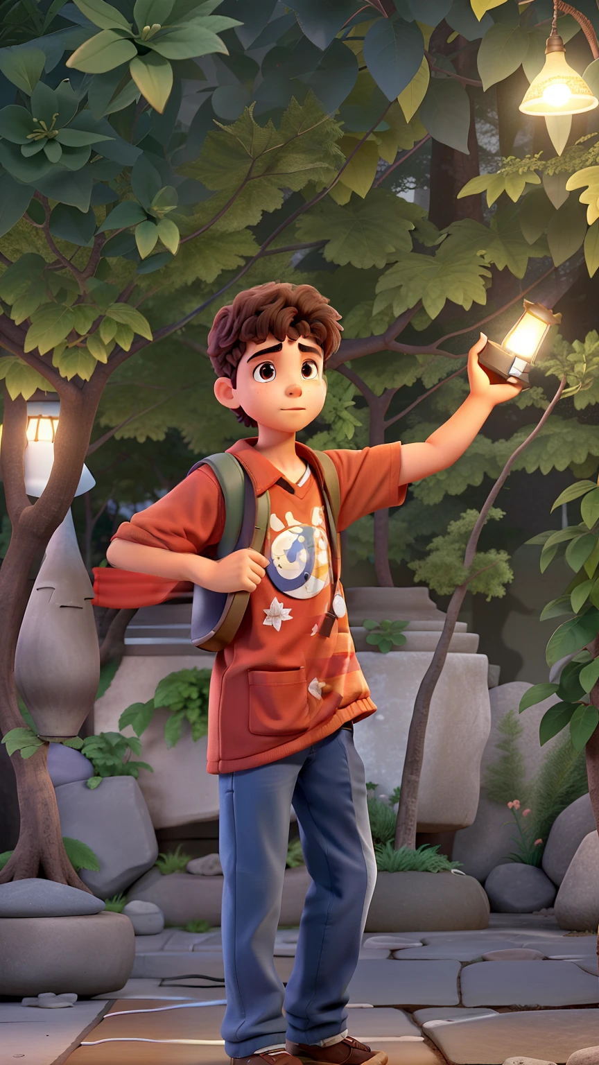 A wise boy standing in front, illuminated by the light of a lamp, contra o pano de fundo de uma escola