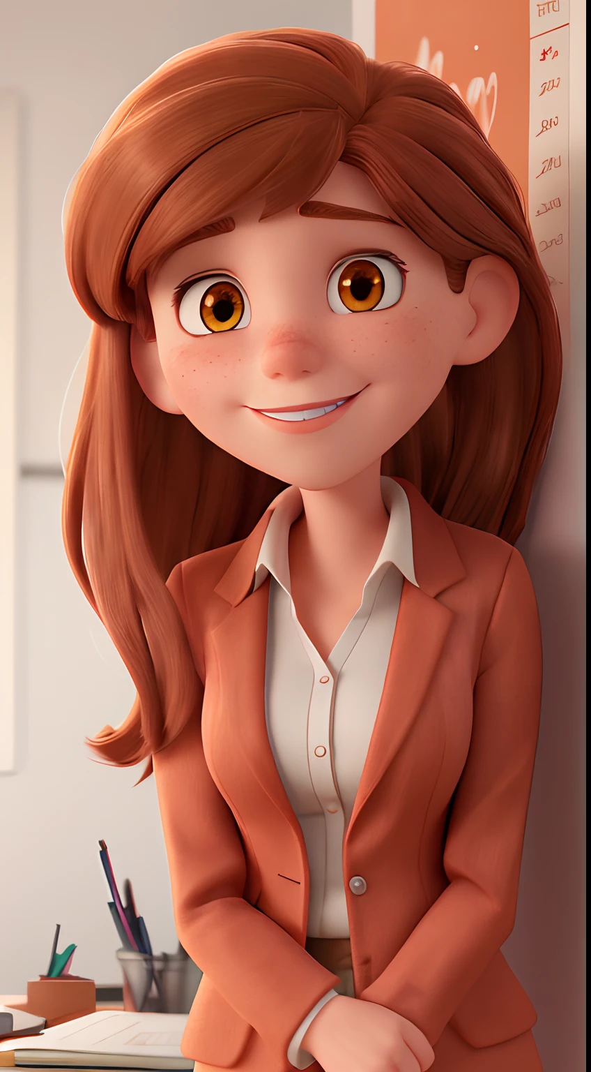 White woman with brown eyes. Reddish brown hair, with bangs on the forehead, smiling. Wears a coral-colored blazer. The woman typing on the notebook. Background: Psychology office