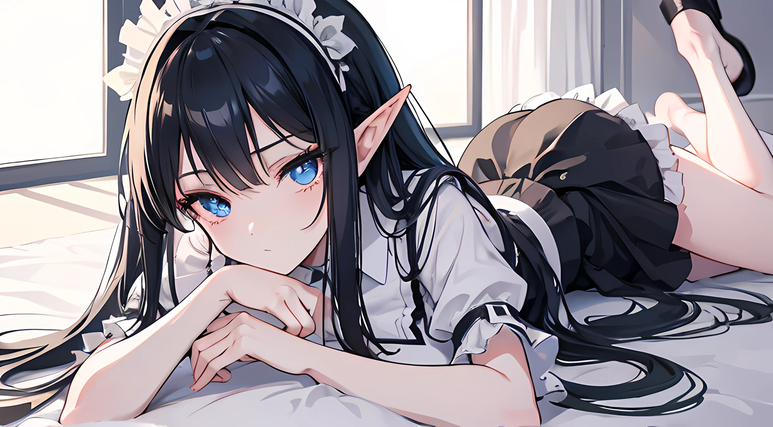 elf girl, with long black hair, wearing maid outfit with long skirt, lie down in bed, bedroom, Lie on the bed with her hands up, Angle from above, detailed face, detailed eye, blue eye color, natural lighting, ufotable style animation