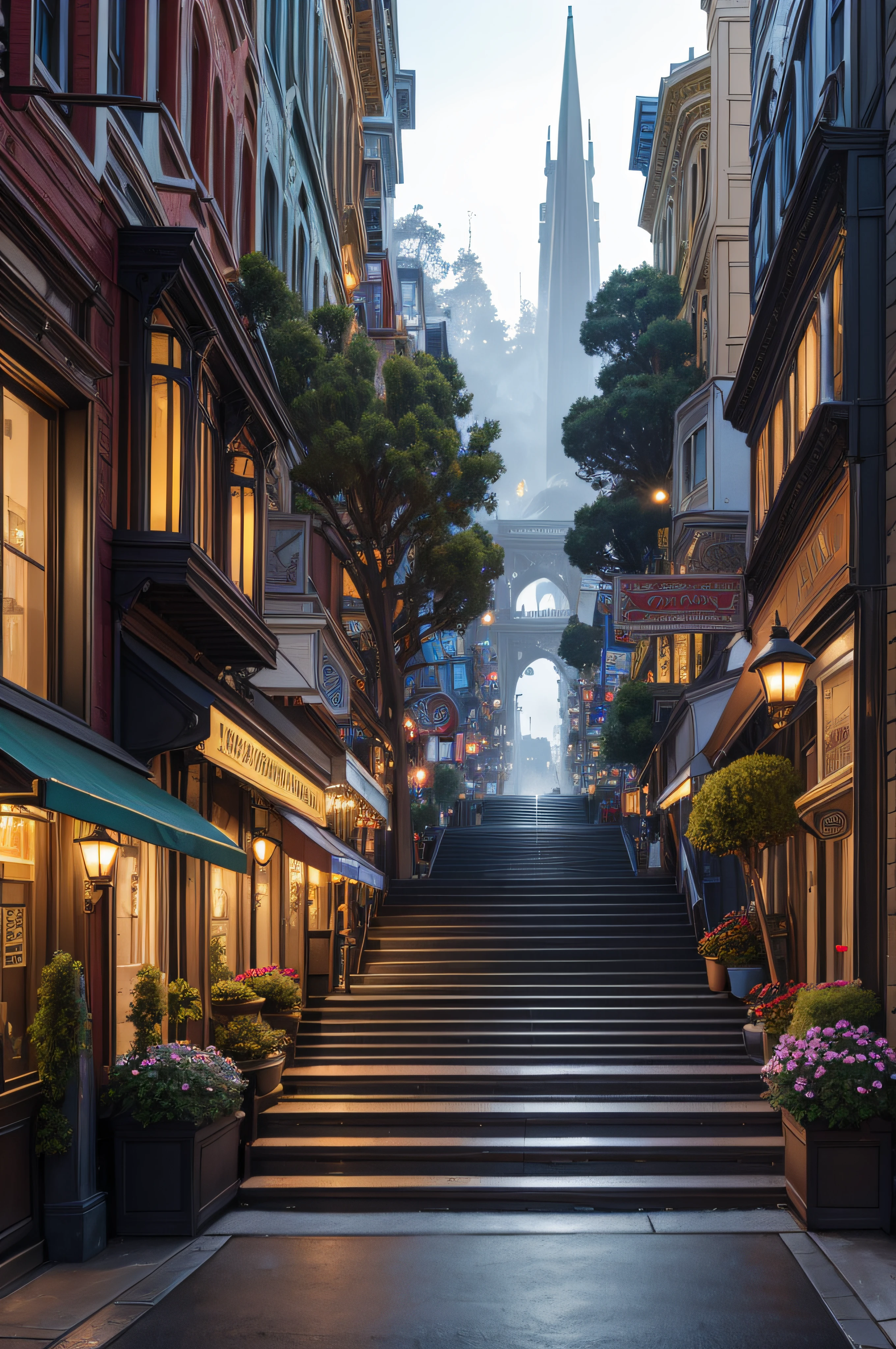 high quality, highly detailed, fantasy, At the forefront of this enchanting scene stands a storefront on the streets of San Francisco best quality 8k art painting, STOREFRONT WITH steps leading to GRAND entranc