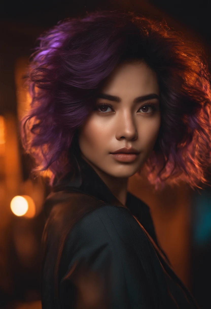 Raiden Shougn, cabelo roxo, olhos fechados, uma menina rindo, boca aberta, com um fundo laranja, retrato
