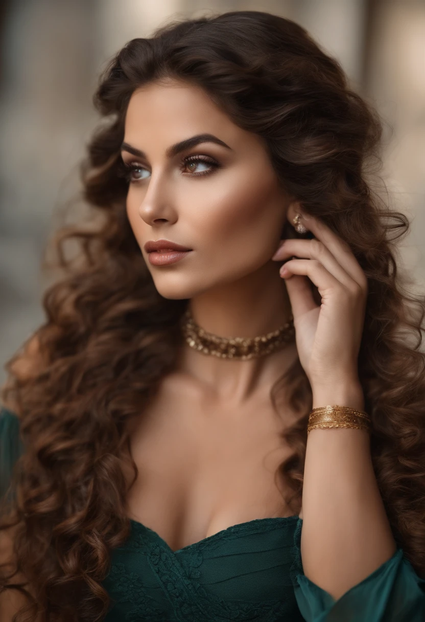 Brown-colored, curly hair, slanted eyes, arched eyebrows, thick and low and thin lips, teaches a tapered nose a sign on an upper lip on the left side